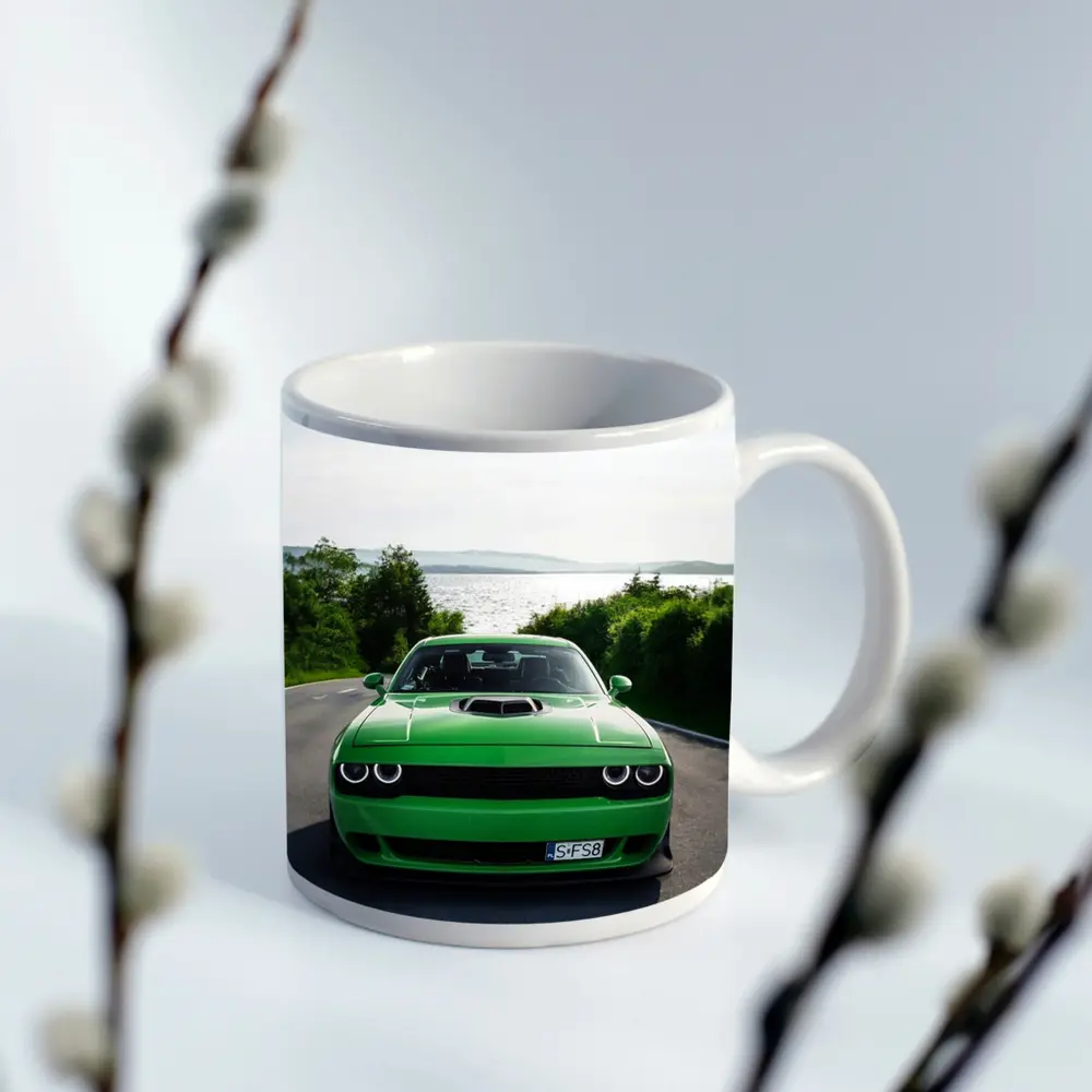 Dodge Challenger Green Front View River Road – Mugs