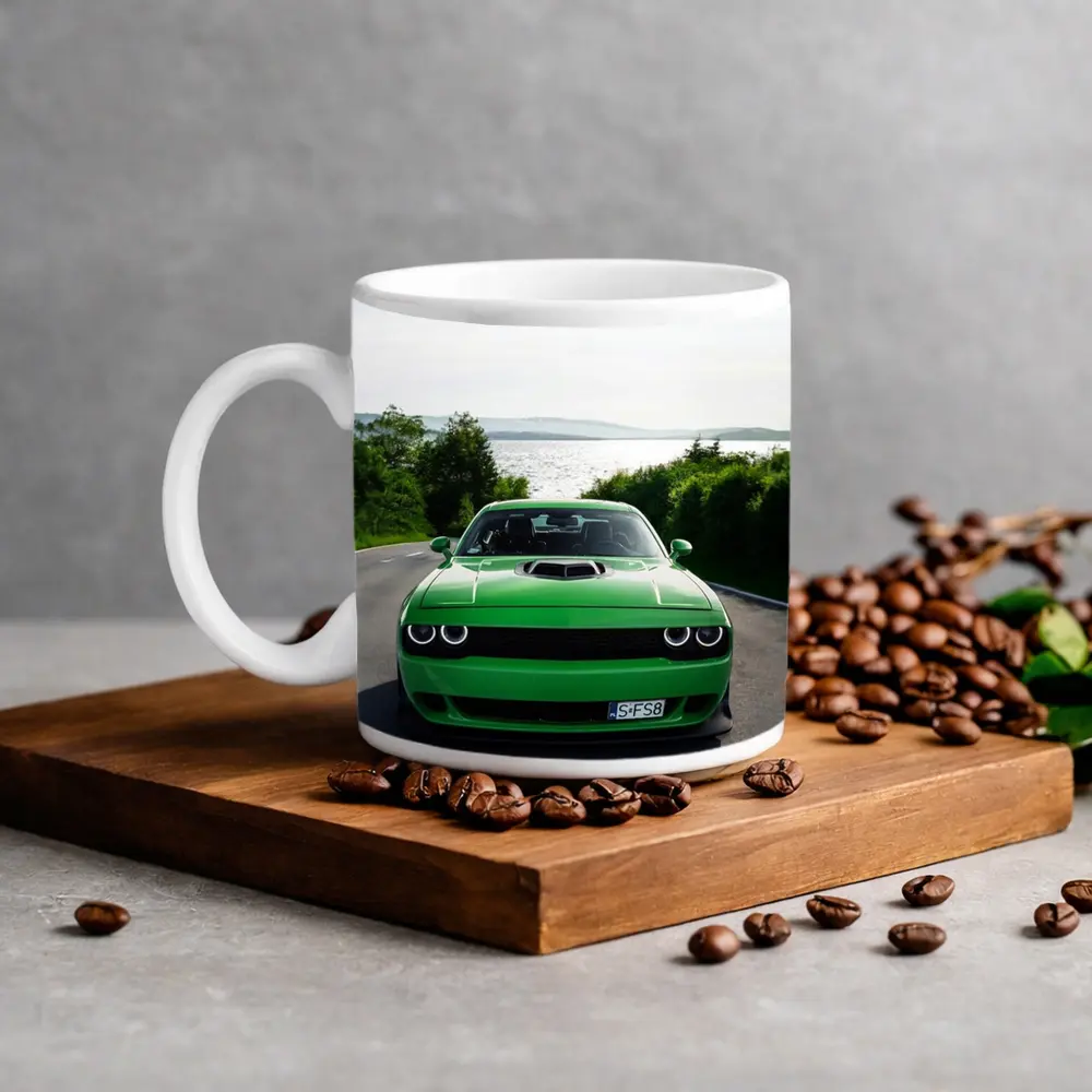 Dodge Challenger Green Front View River Road – Mugs