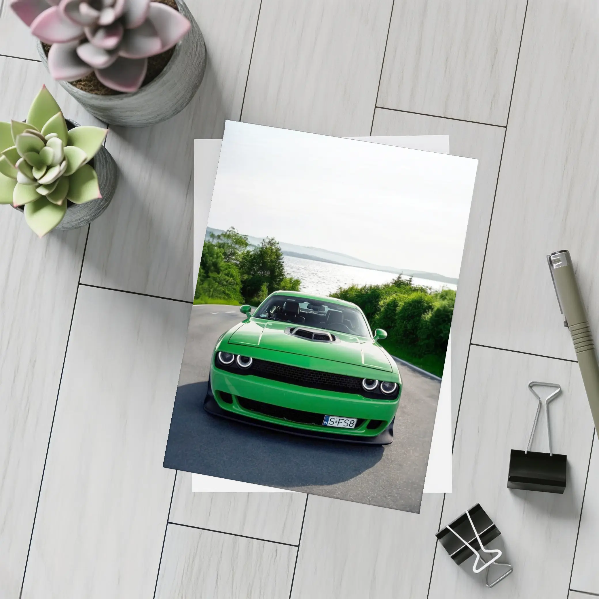 Dodge Challenger Green Front View River Road – Postcards