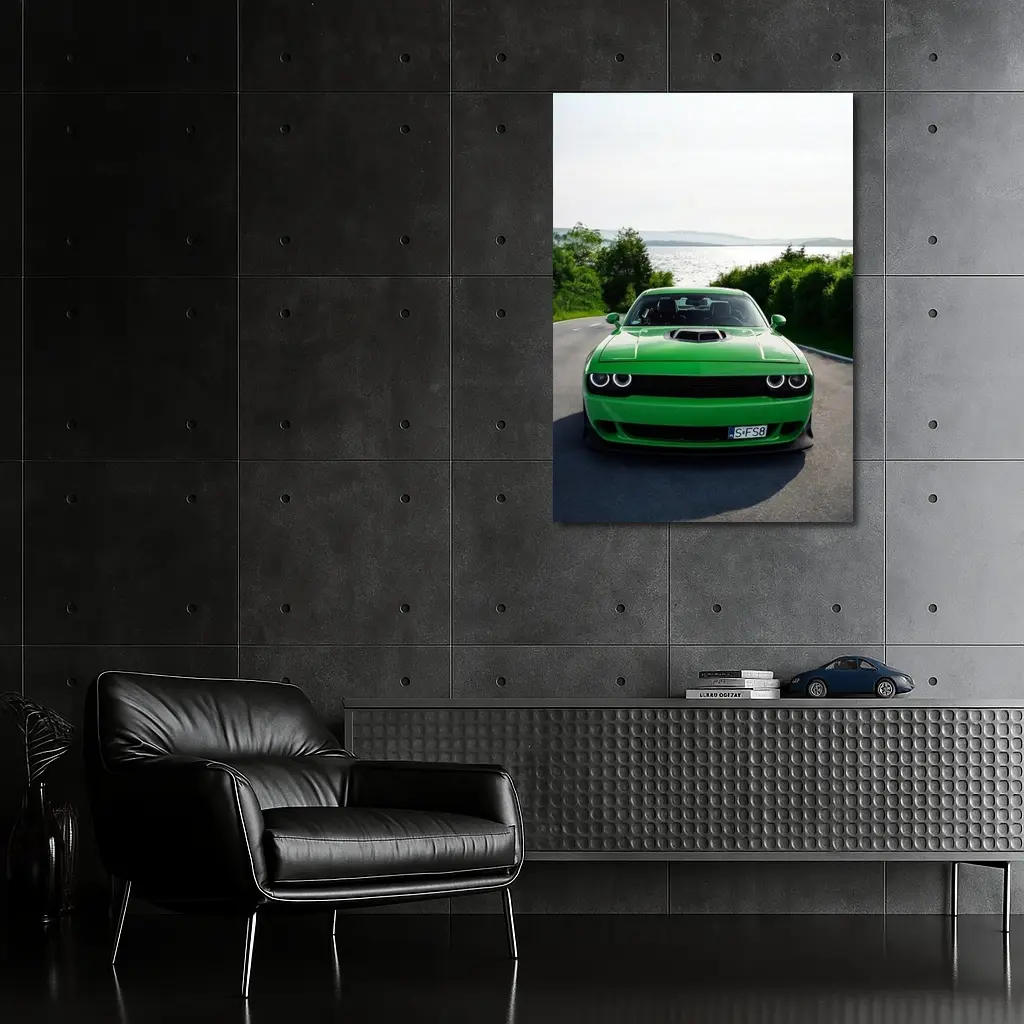 Dodge Challenger Green Front View River Road – Wall Art