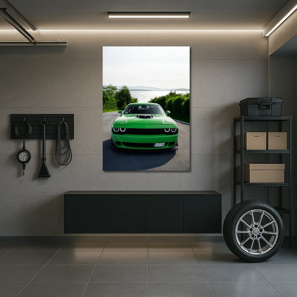Dodge Challenger Green Front View River Road – Wall Art