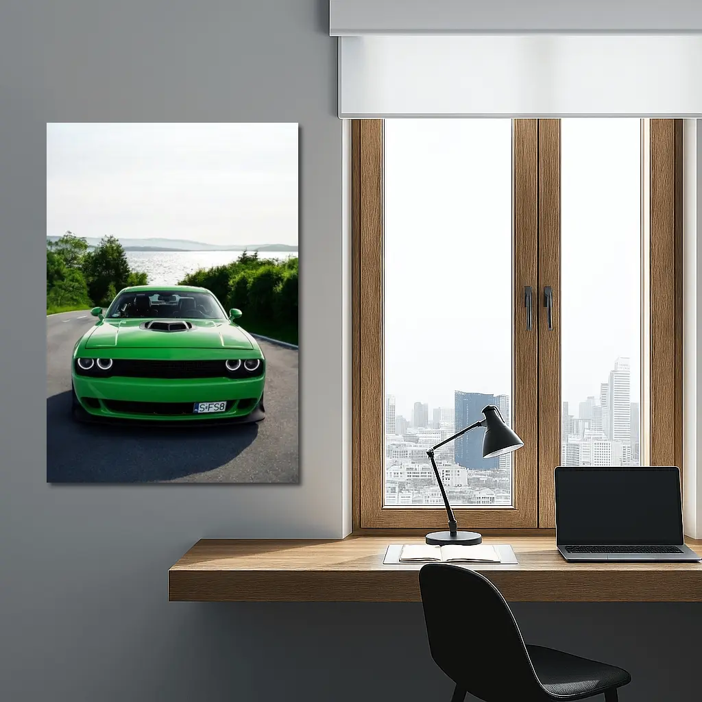 Dodge Challenger Green Front View River Road – Wall Art