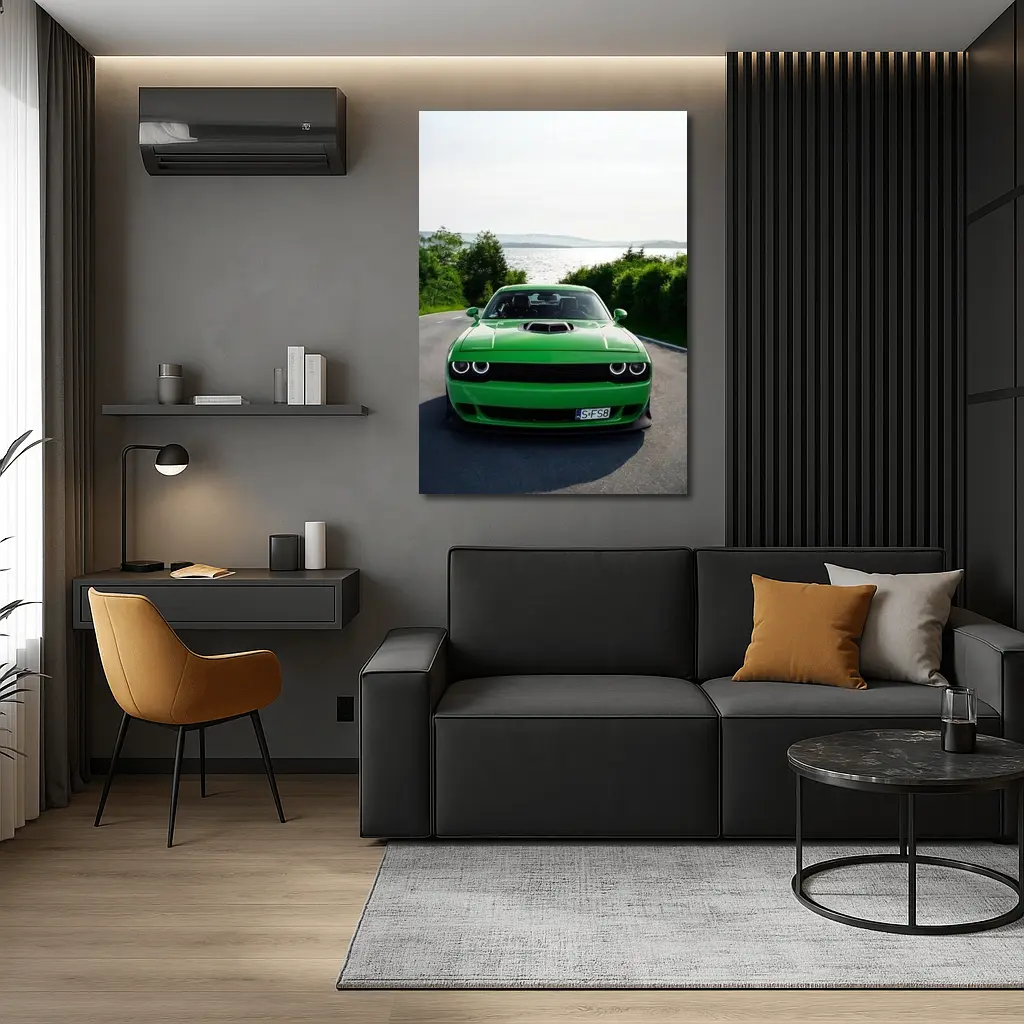 Dodge Challenger Green Front View River Road – Wall Art