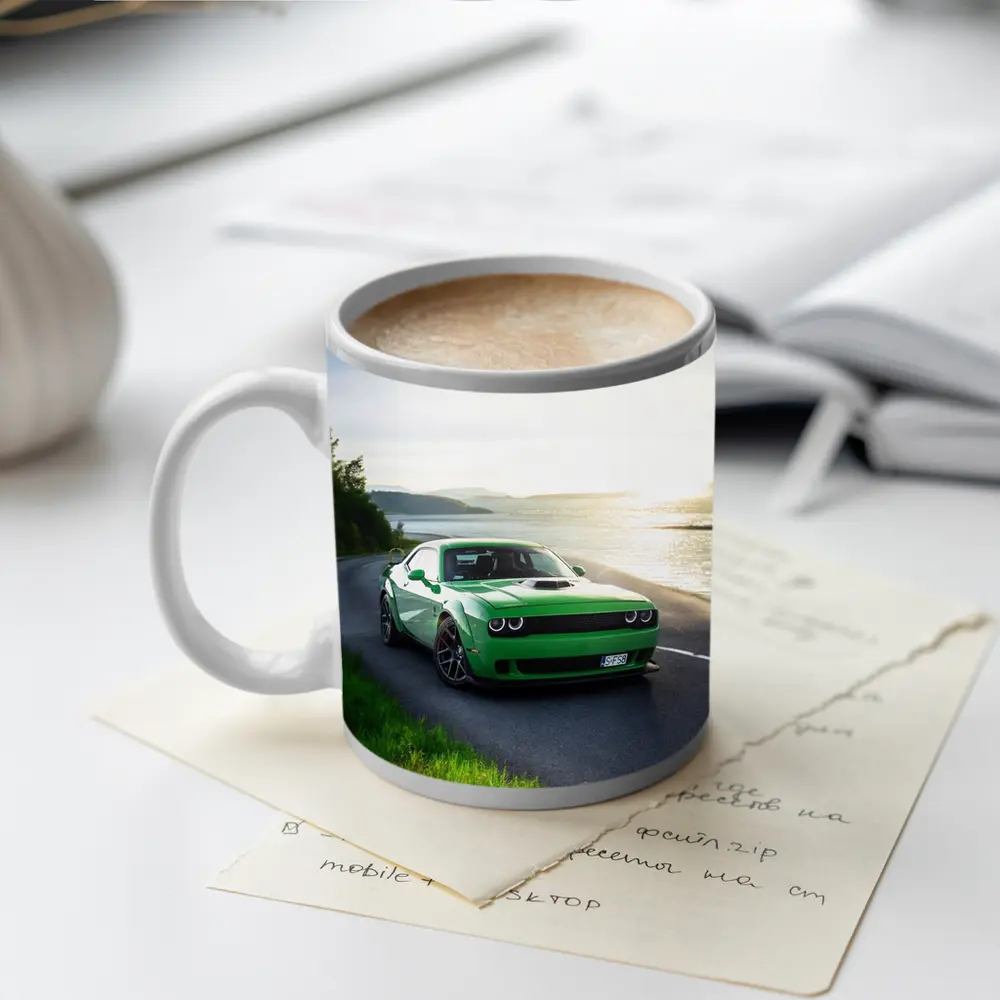 Dodge Challenger Green Muscle Car Coastal Road – Mugs