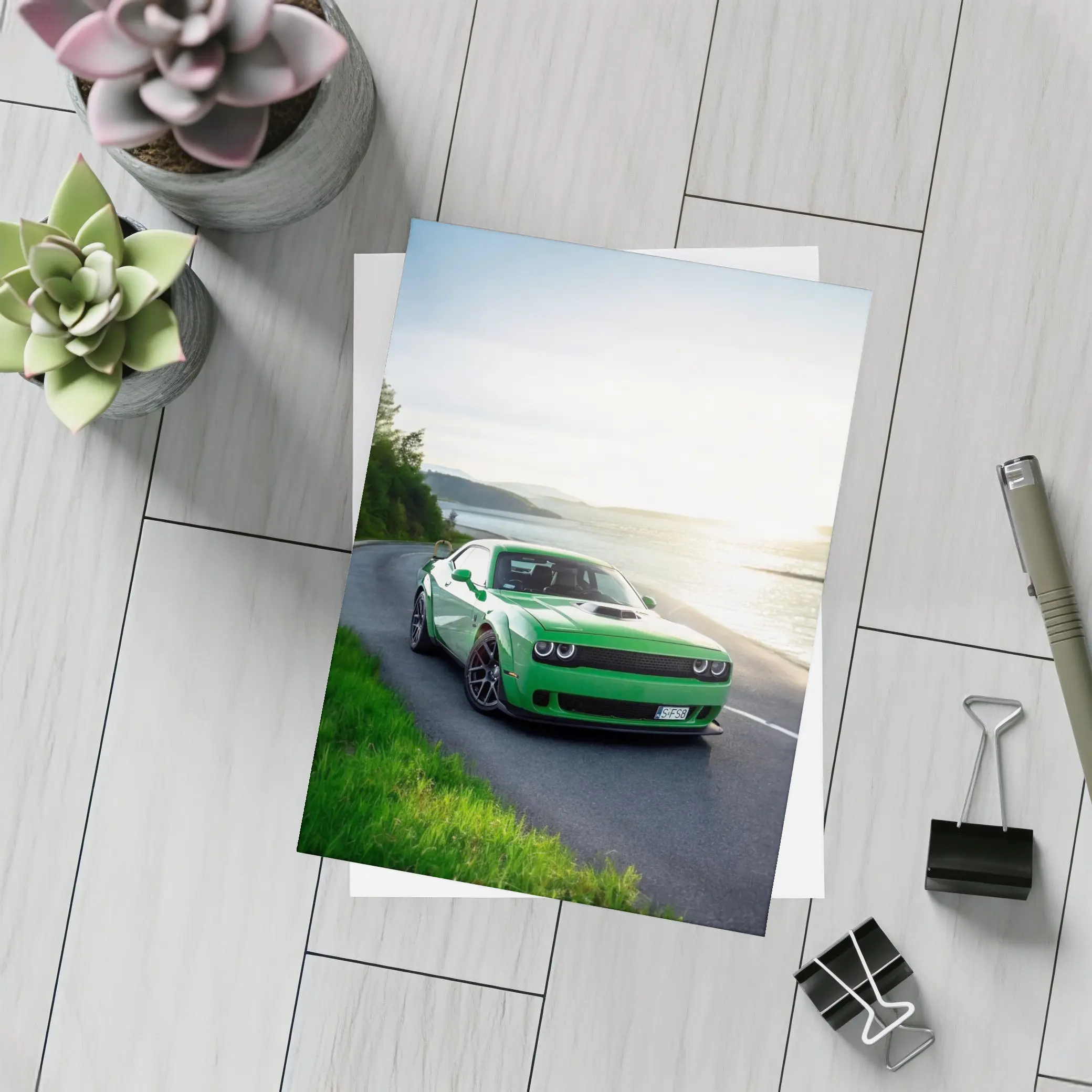 Dodge Challenger Green Muscle Car Coastal Road – Postcards