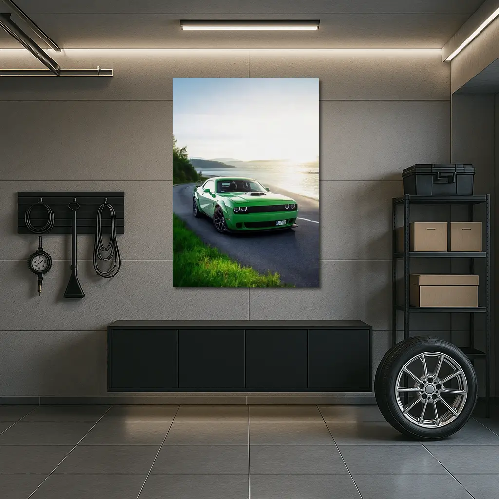 Dodge Challenger Green Muscle Car Coastal Road – Wall Art