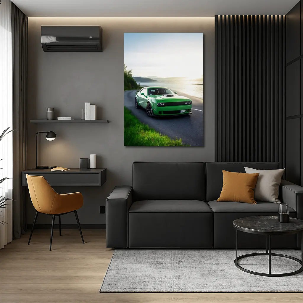 Dodge Challenger Green Muscle Car Coastal Road – Wall Art