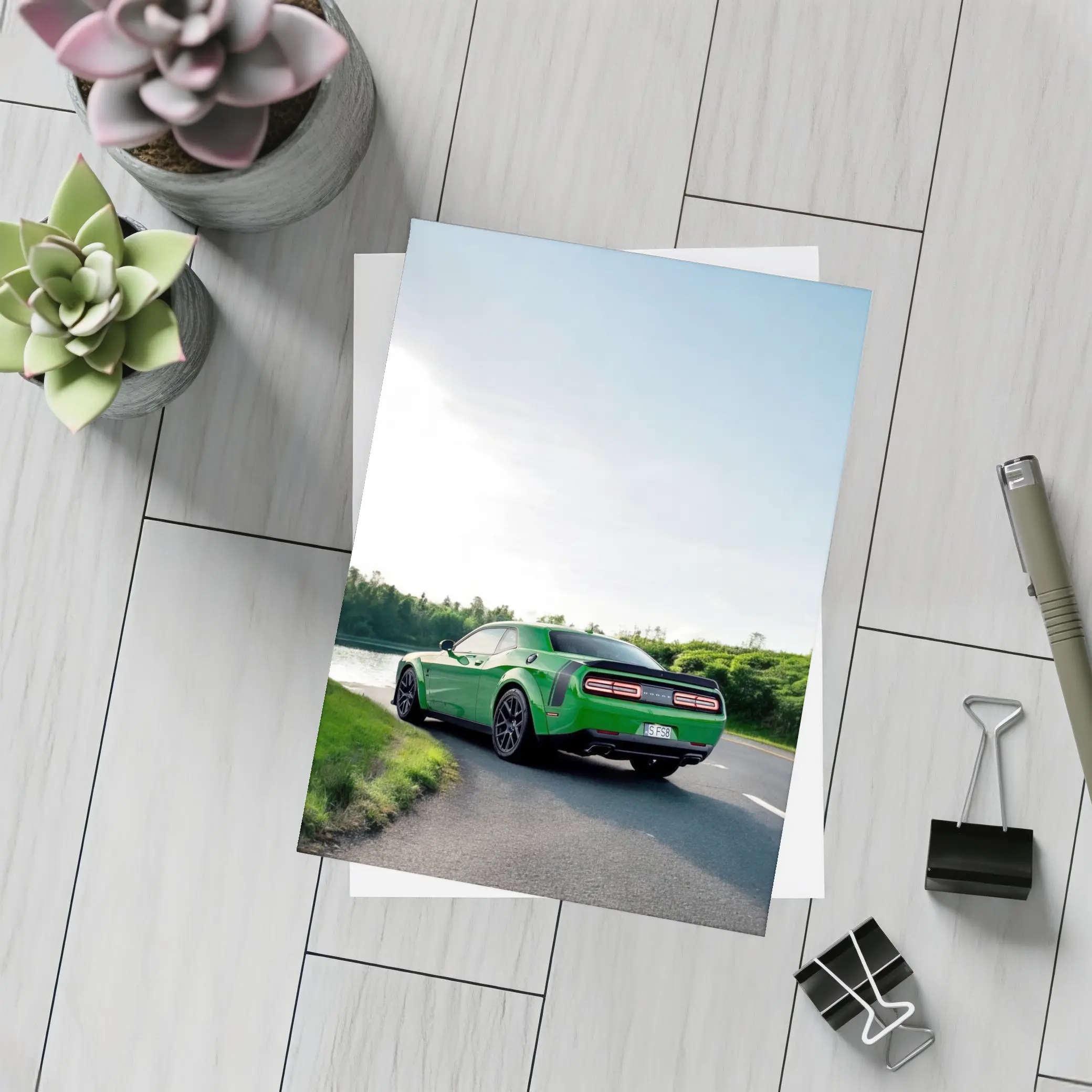 Dodge Challenger Green Muscle Car Road River – Postcards