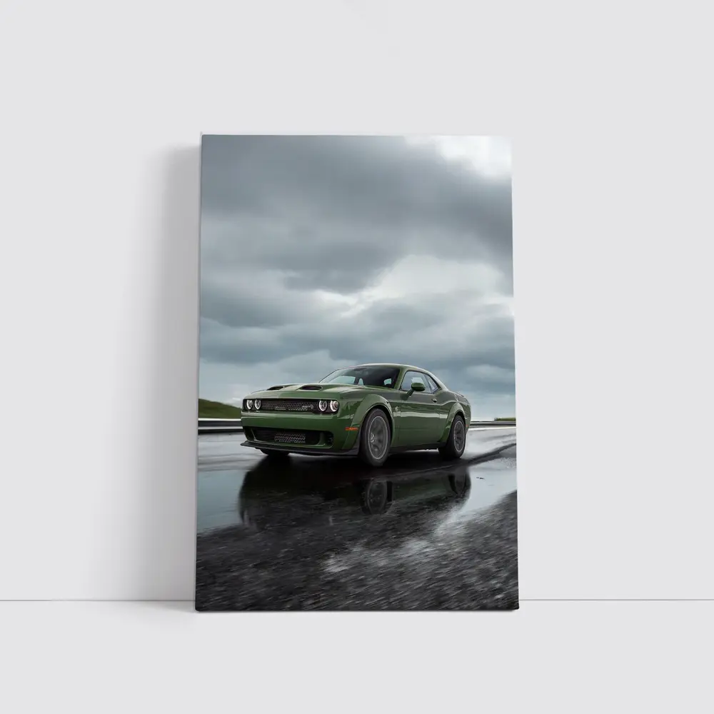 Dodge Challenger Green Muscle Car Wet Road – Wall Art