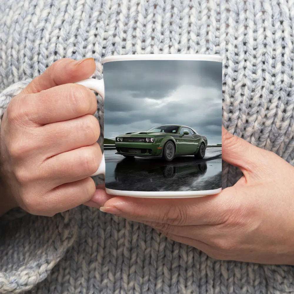Dodge Challenger Green Muscle Car Wet Road – Mugs
