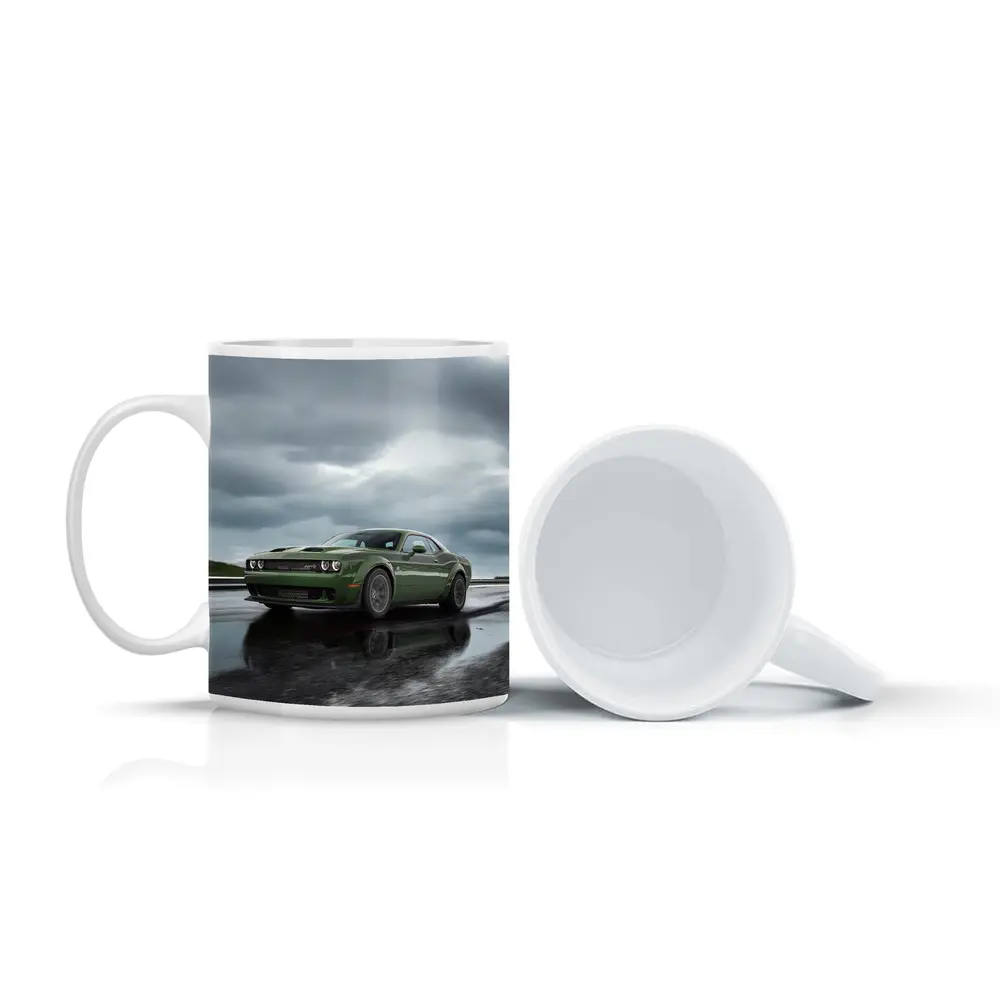 Dodge Challenger Green Muscle Car Wet Road – Mugs
