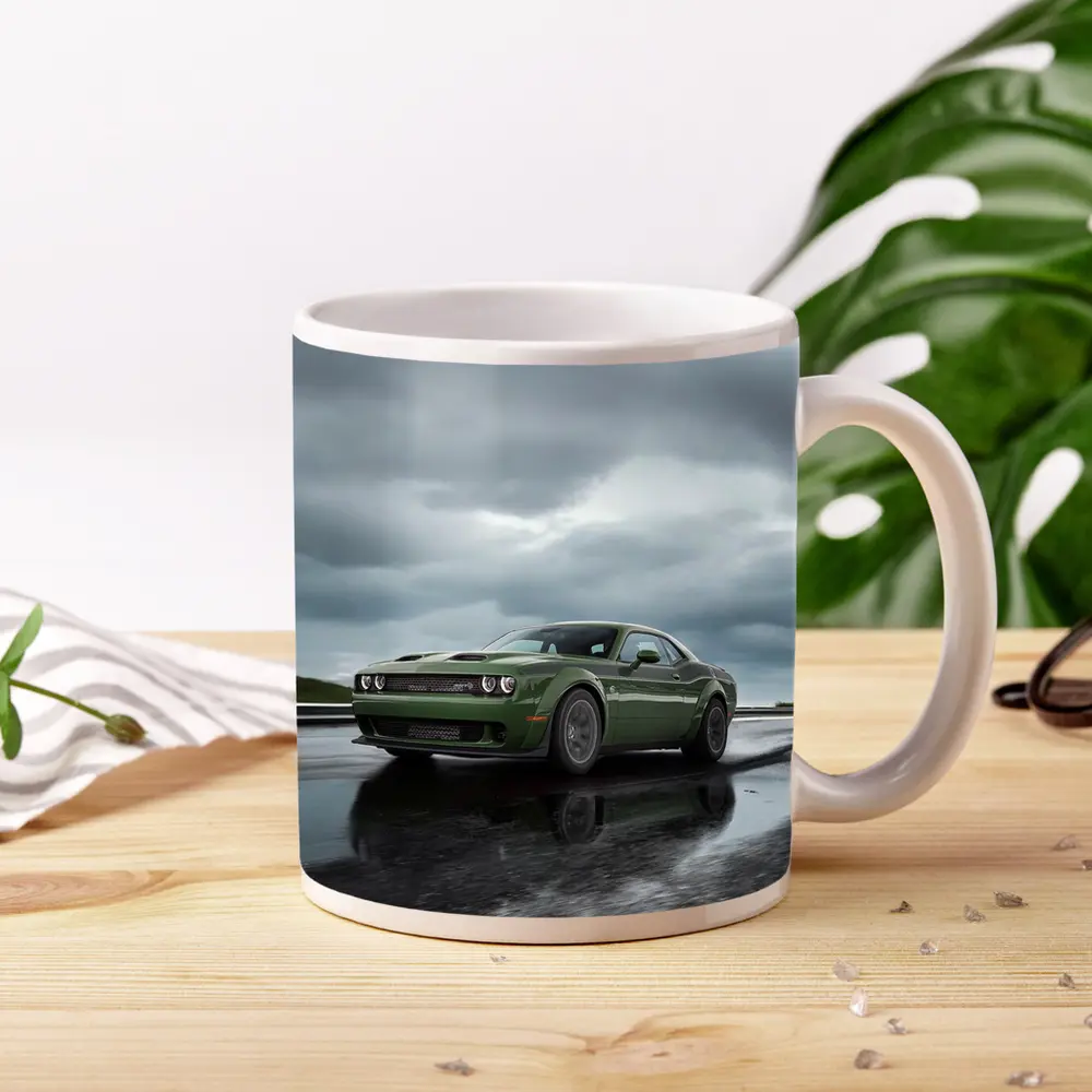 Dodge Challenger Green Muscle Car Wet Road – Mugs