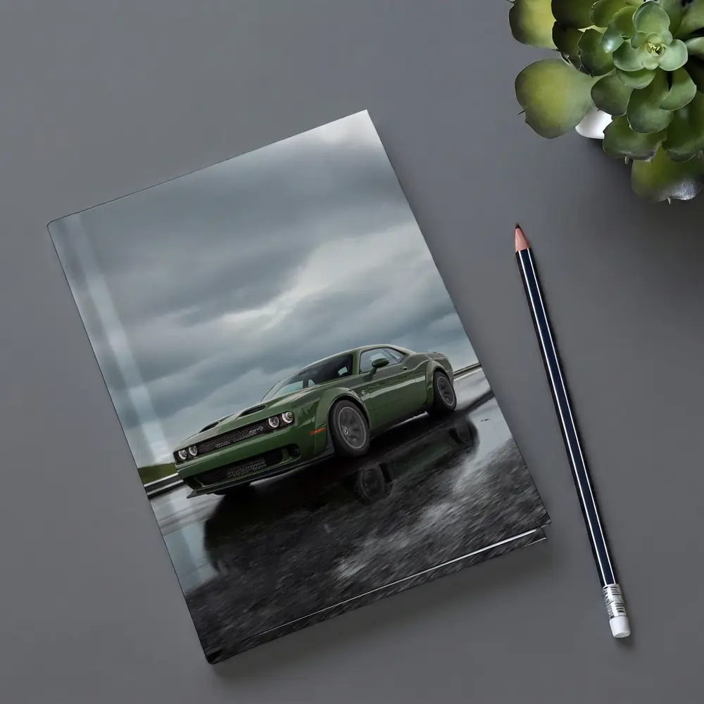 Dodge Challenger Green Muscle Car Wet Road – Notebooks