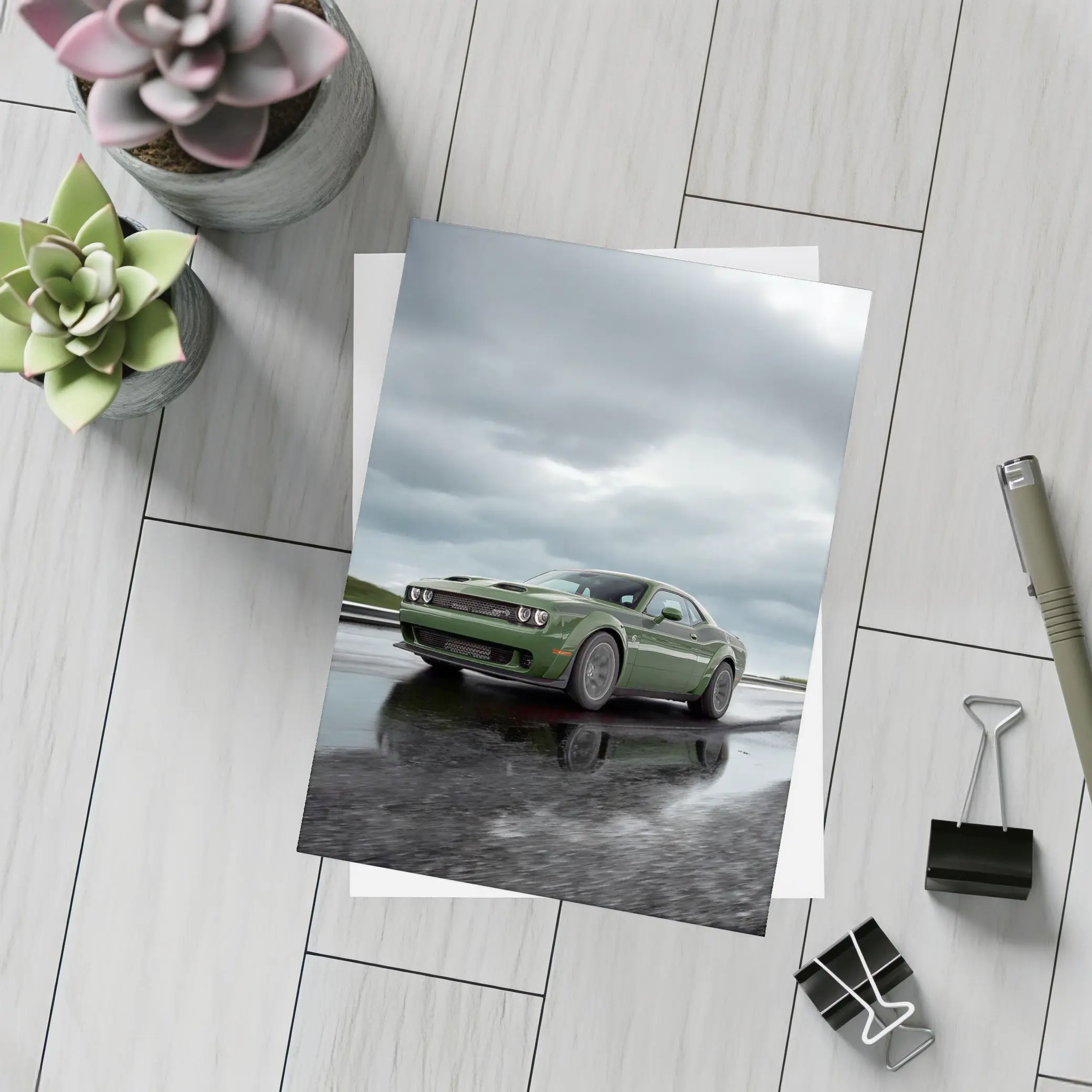 Dodge Challenger Green Muscle Car Wet Road – Postcards
