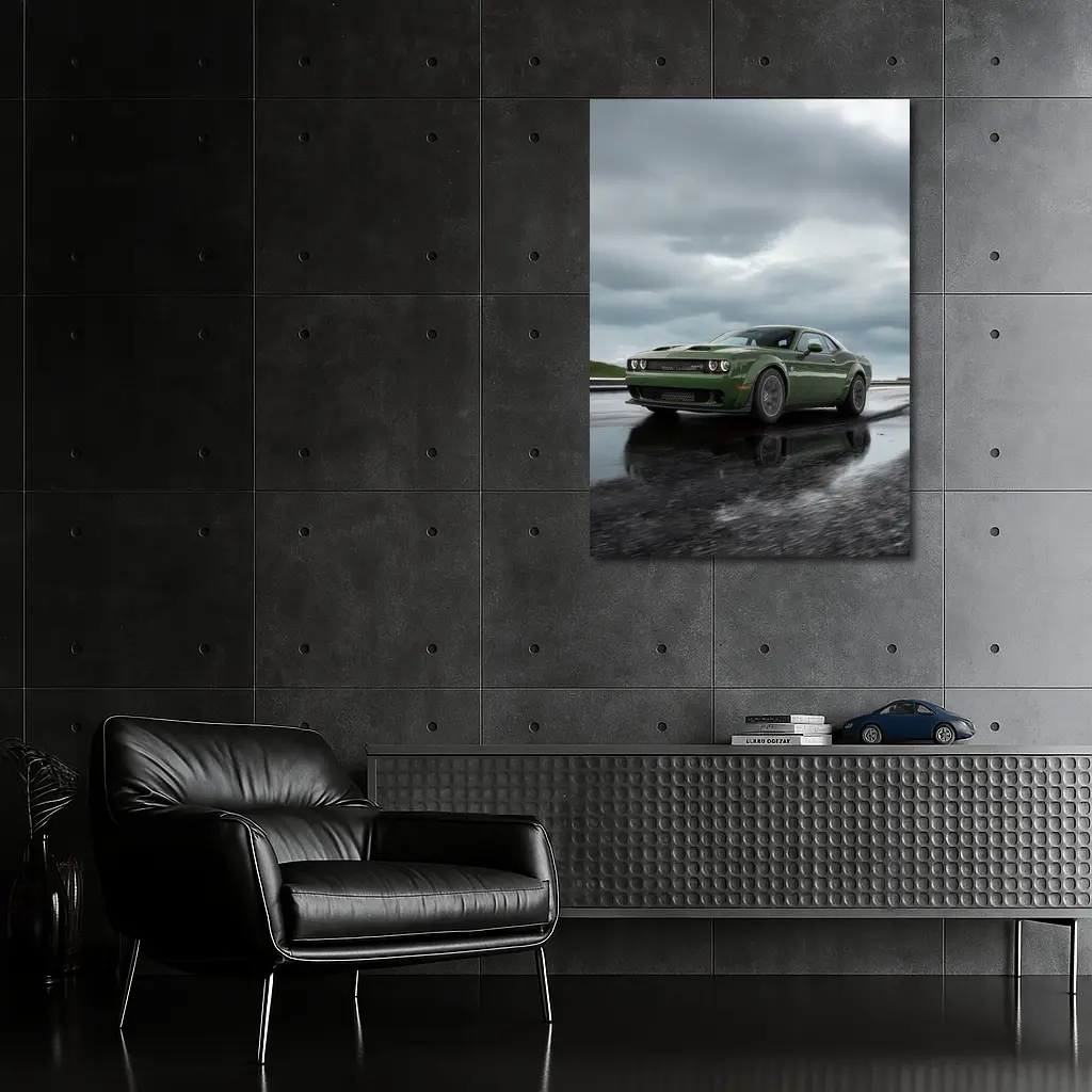 Dodge Challenger Green Muscle Car Wet Road – Wall Art