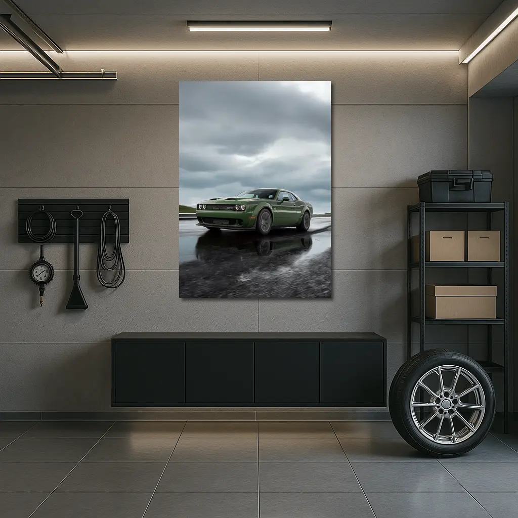 Dodge Challenger Green Muscle Car Wet Road – Wall Art