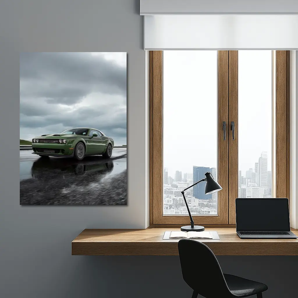 Dodge Challenger Green Muscle Car Wet Road – Wall Art