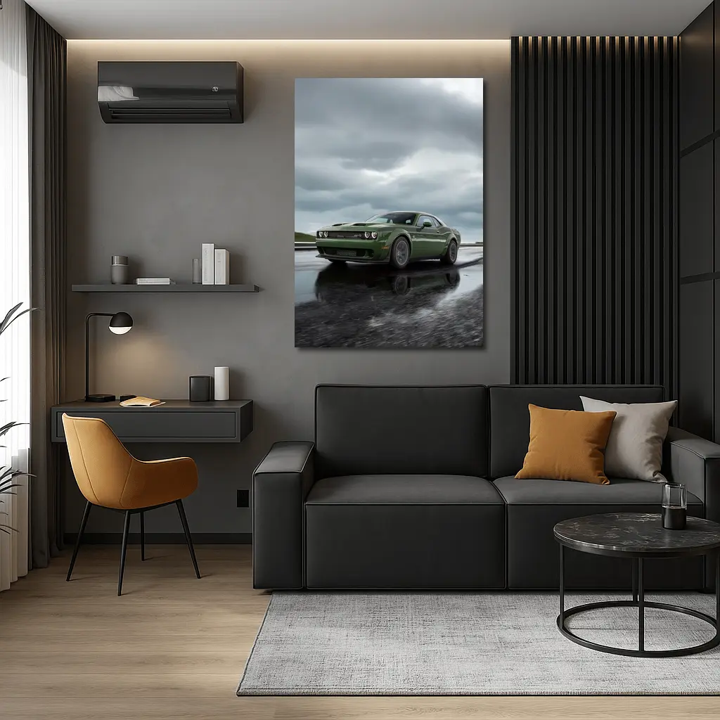 Dodge Challenger Green Muscle Car Wet Road – Wall Art