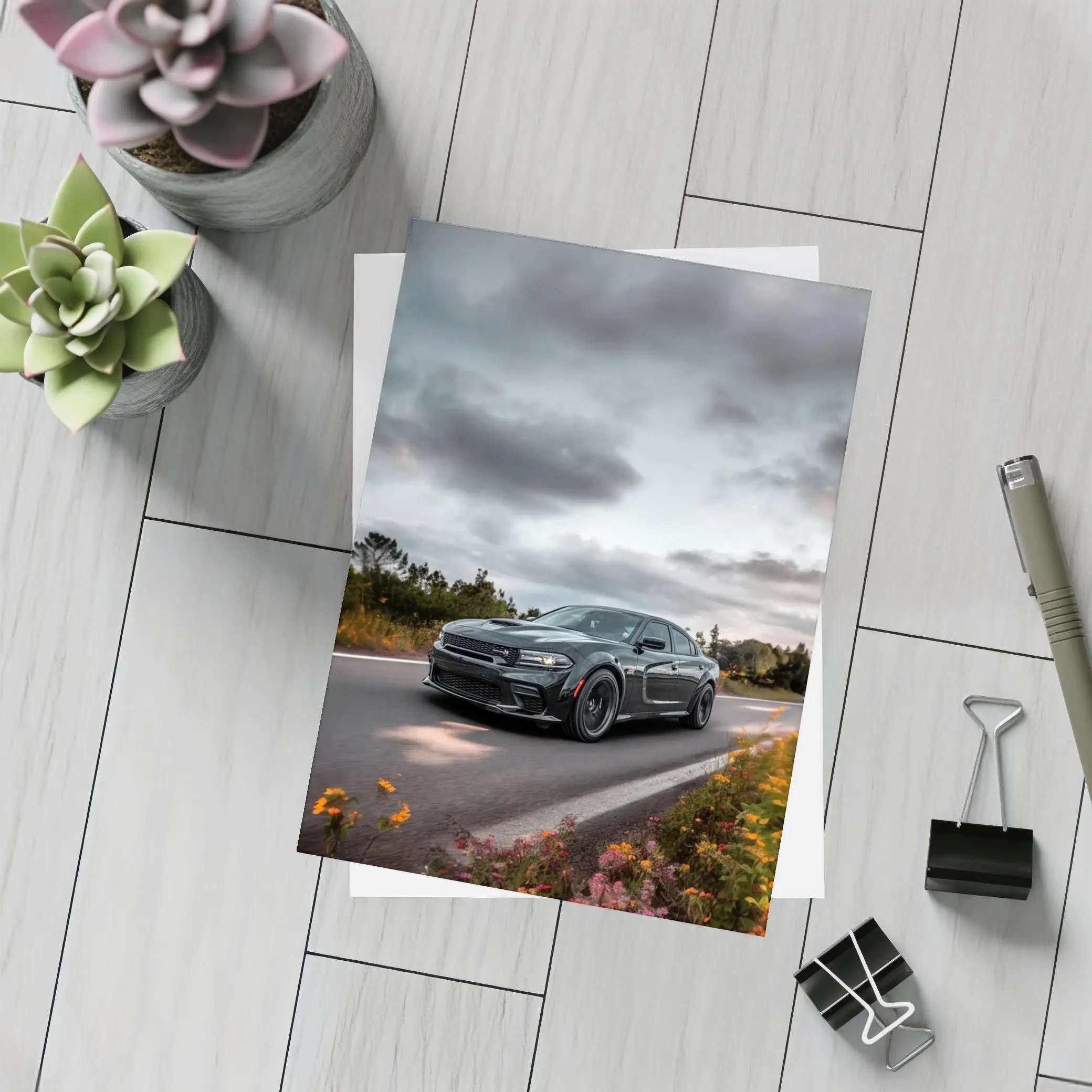 Dodge Charger Dark Road Cloudy Sky – Postcards