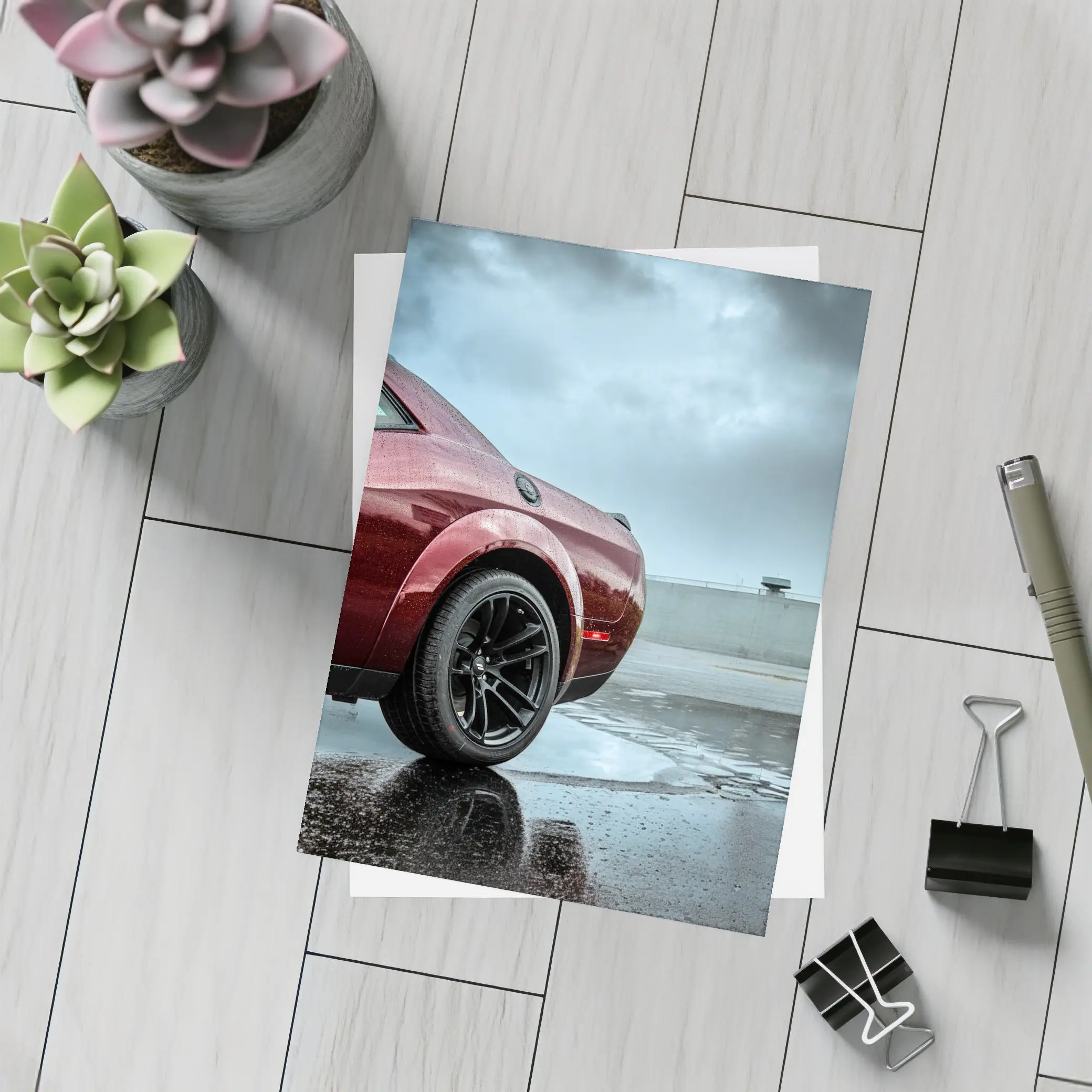 Dodge Challenger Wet Parking Lot Stormy Sky – Postcards
