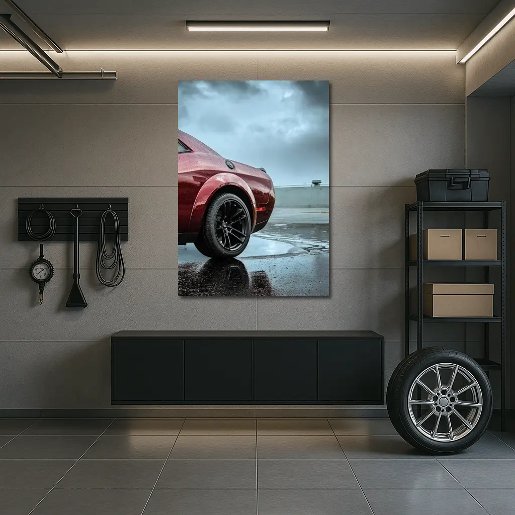 Dodge Challenger Wet Parking Lot Stormy Sky – Wall Art