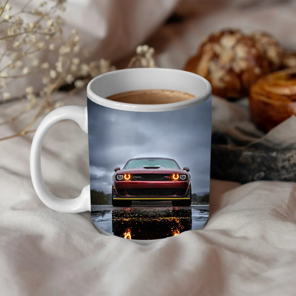 Dodge Challenger Front View Rainy Dark Sky – Mugs