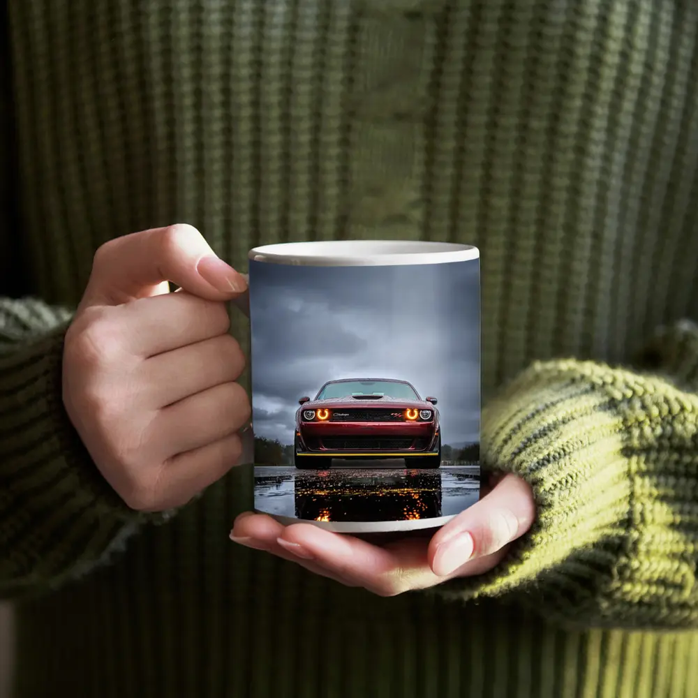 Dodge Challenger Front View Rainy Dark Sky – Mugs