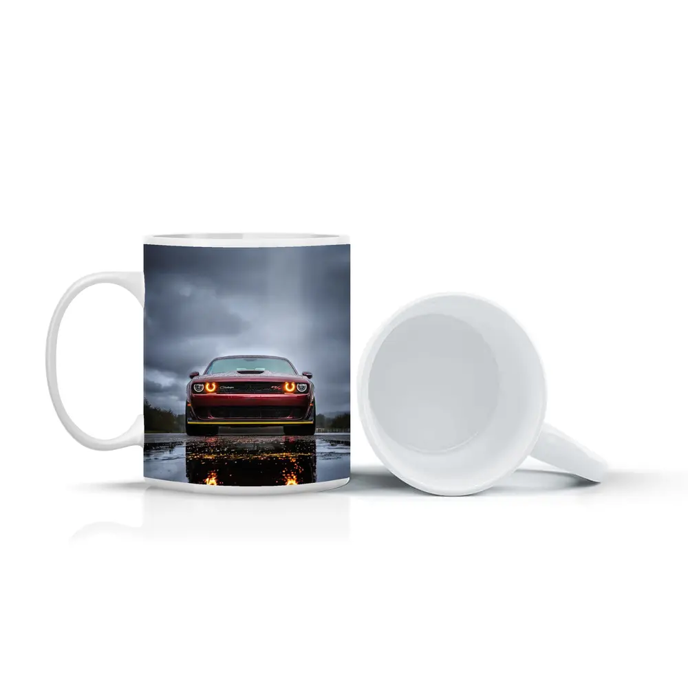Dodge Challenger Front View Rainy Dark Sky – Mugs