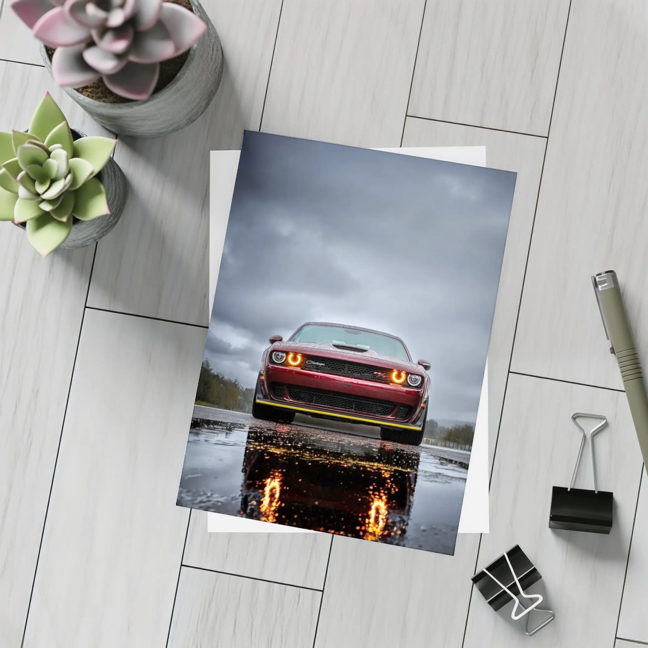 Dodge Challenger Front View Rainy Dark Sky – Postcards