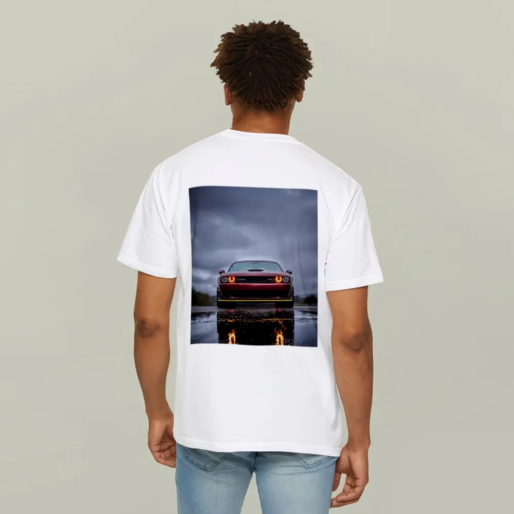 Dodge Challenger Front View Rainy Dark Sky – T-Shirts