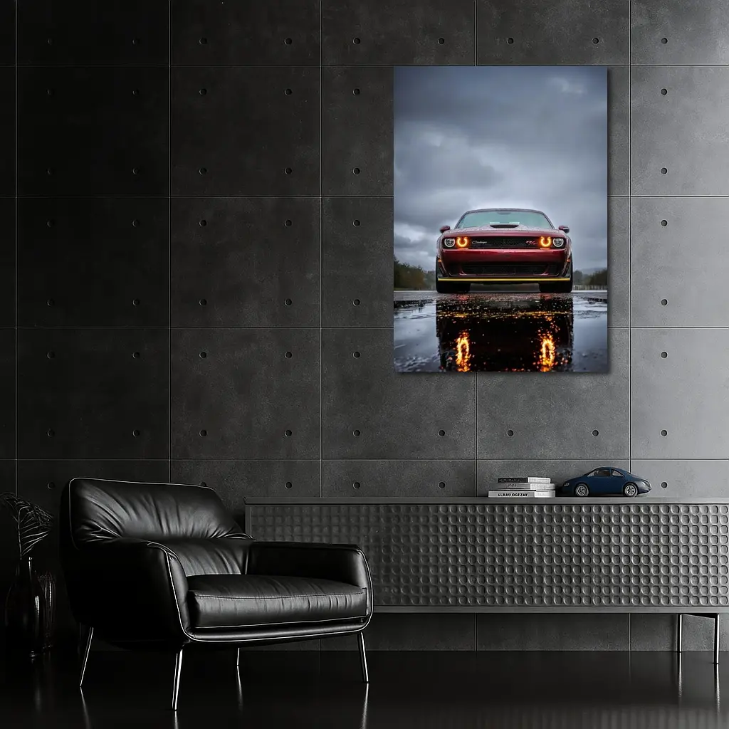 Dodge Challenger Front View Rainy Dark Sky – Wall Art