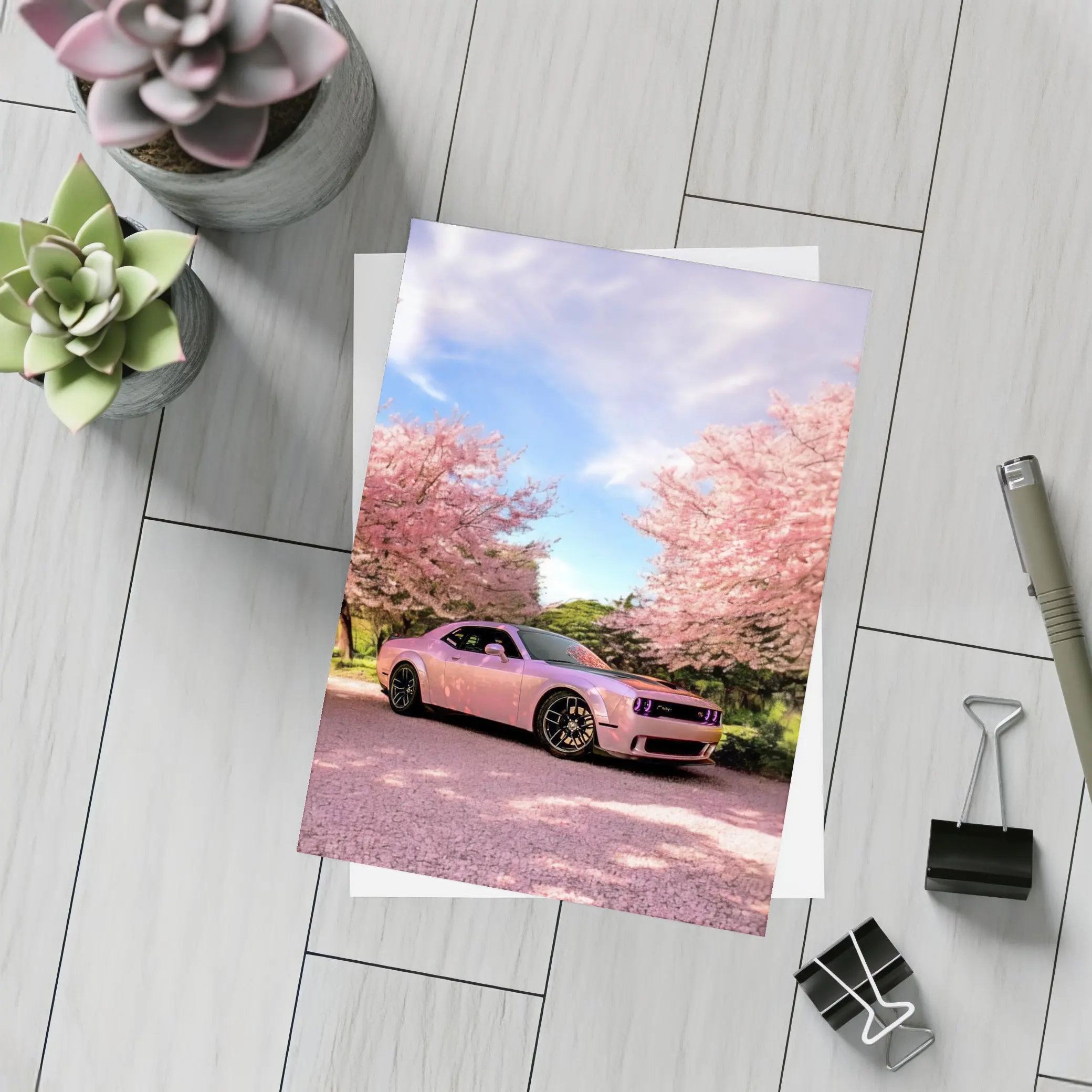 Dodge Challenger Pink Under Cherry Blossom Trees – Postcards