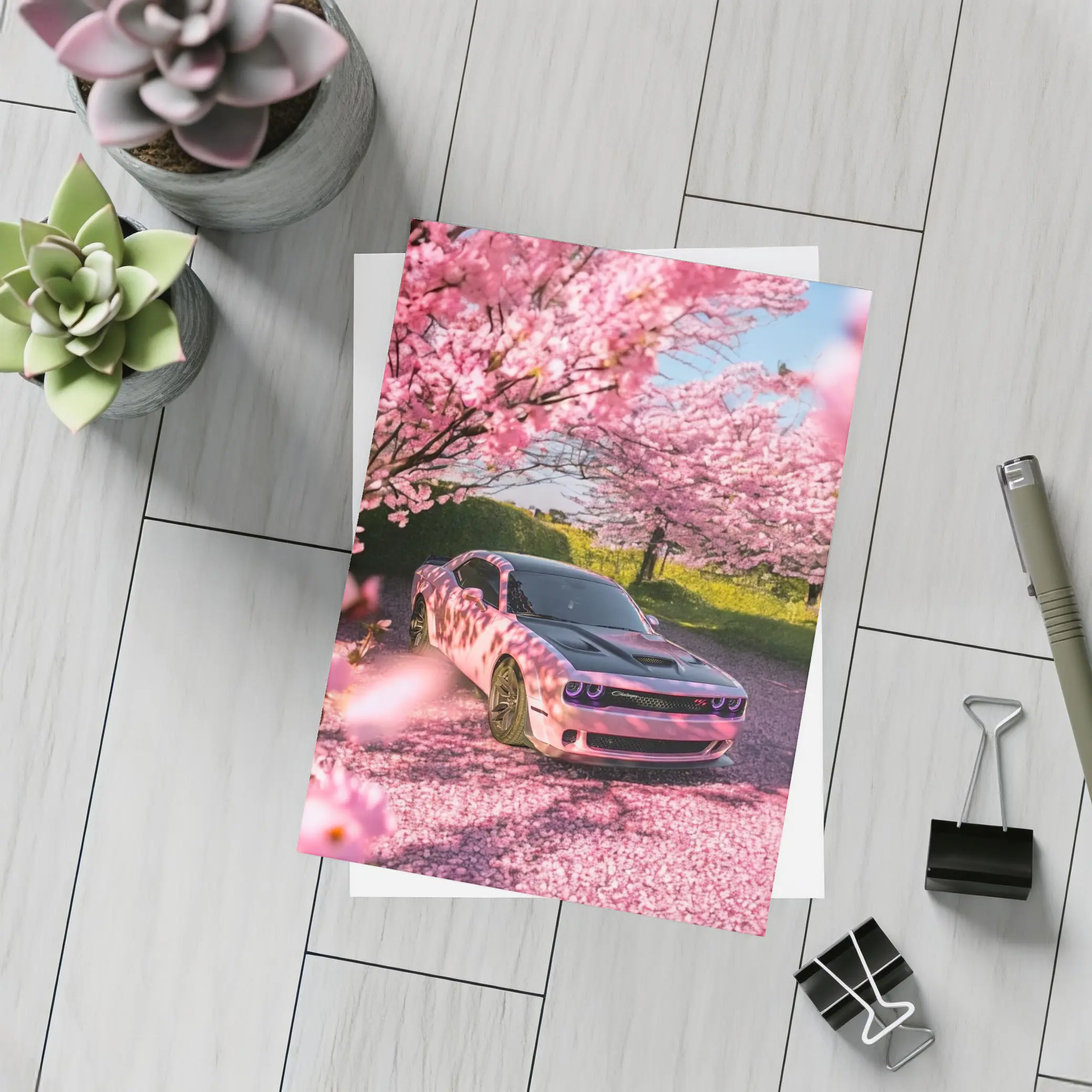 Dodge Challenger Pink Under Cherry Blossom Trees – Postcards