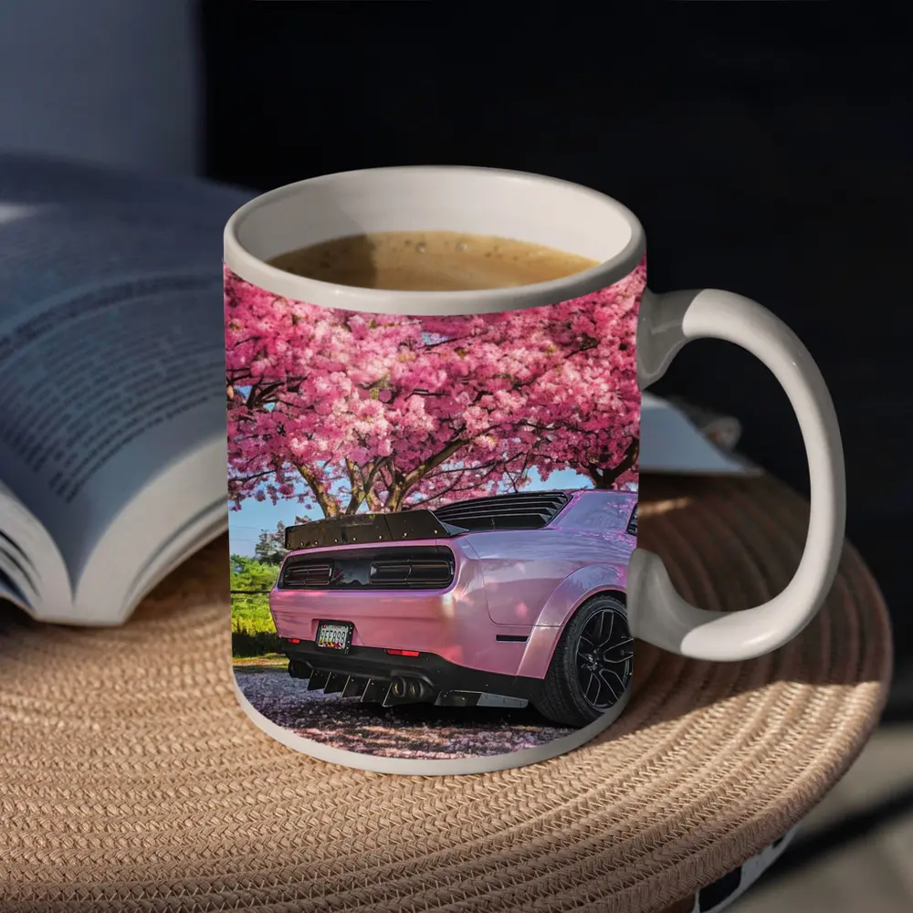 Pink Dodge Challenger Under Blooming Sakura Tree – Mugs