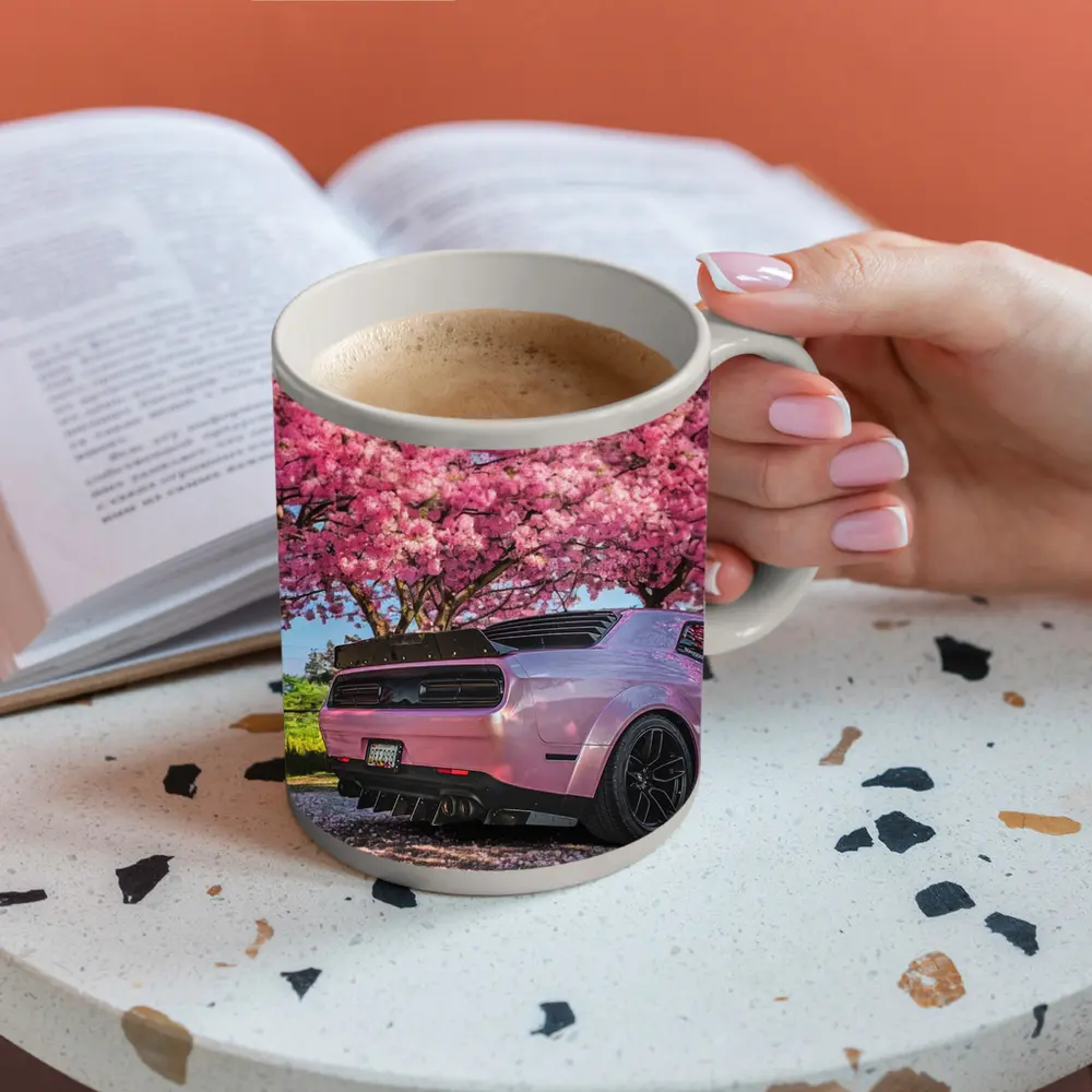 Pink Dodge Challenger Under Blooming Sakura Tree – Mugs