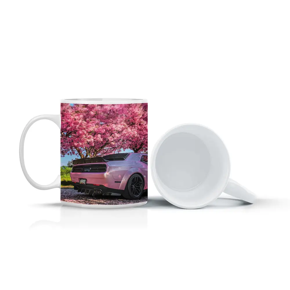 Pink Dodge Challenger Under Blooming Sakura Tree – Mugs