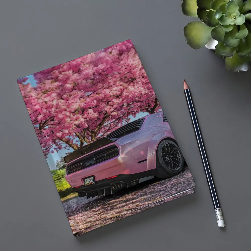 Pink Dodge Challenger Under Blooming Sakura Tree – Notebooks