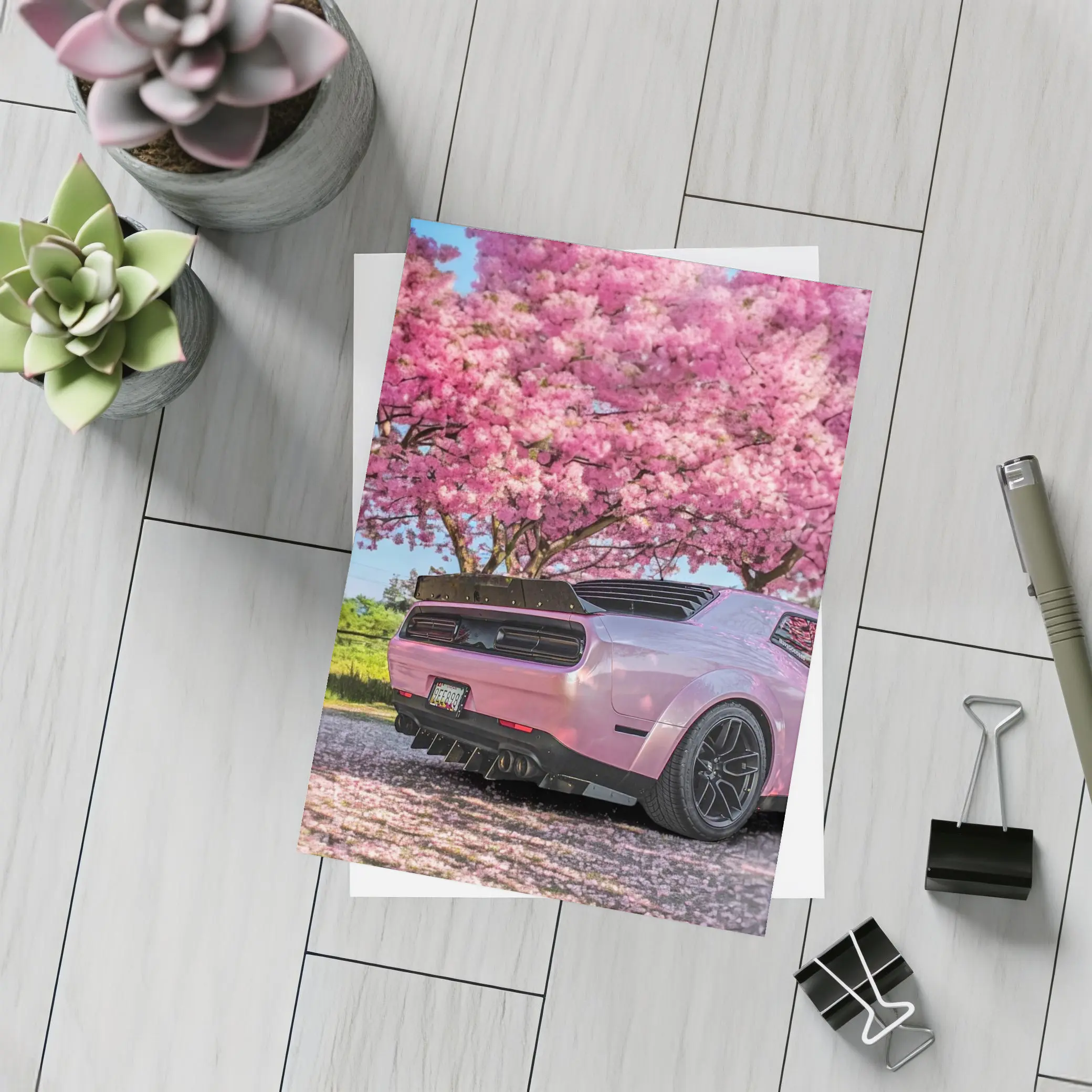 Pink Dodge Challenger Under Blooming Sakura Tree – Postcards
