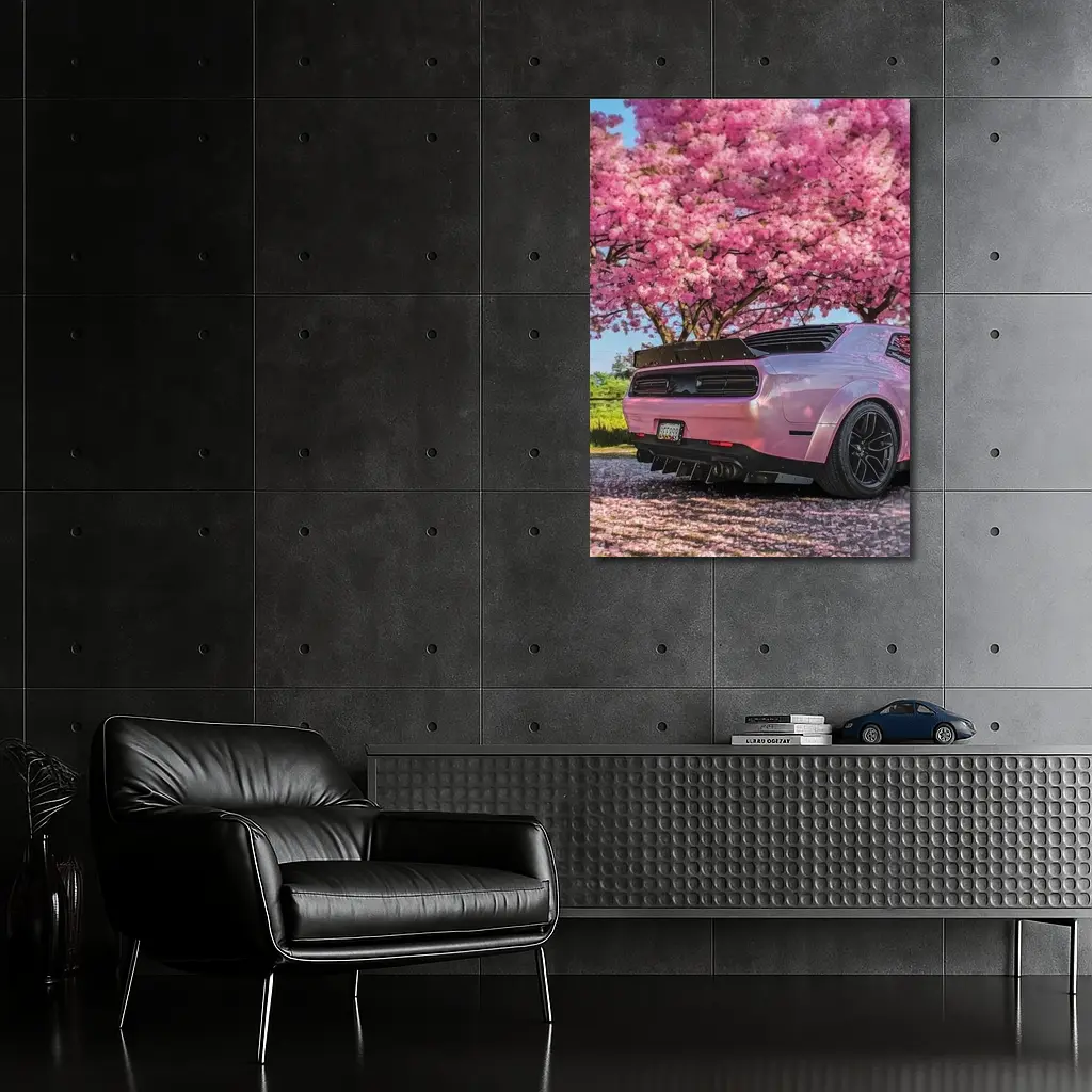 Pink Dodge Challenger Under Blooming Sakura Tree – Wall Art