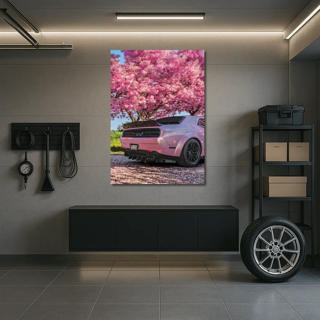 Pink Dodge Challenger Under Blooming Sakura Tree – Wall Art