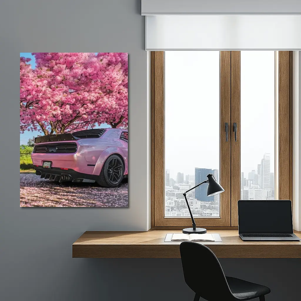 Pink Dodge Challenger Under Blooming Sakura Tree – Wall Art