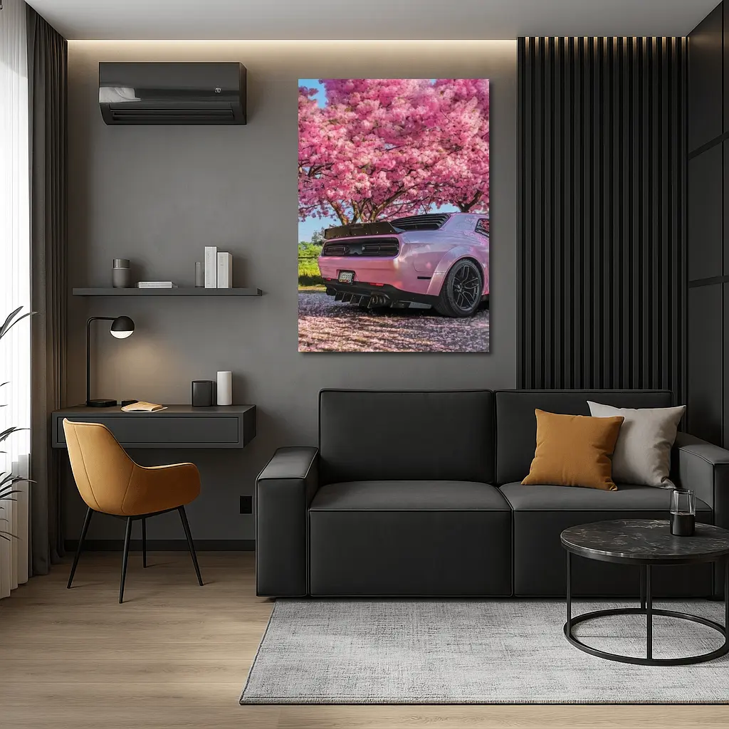 Pink Dodge Challenger Under Blooming Sakura Tree – Wall Art