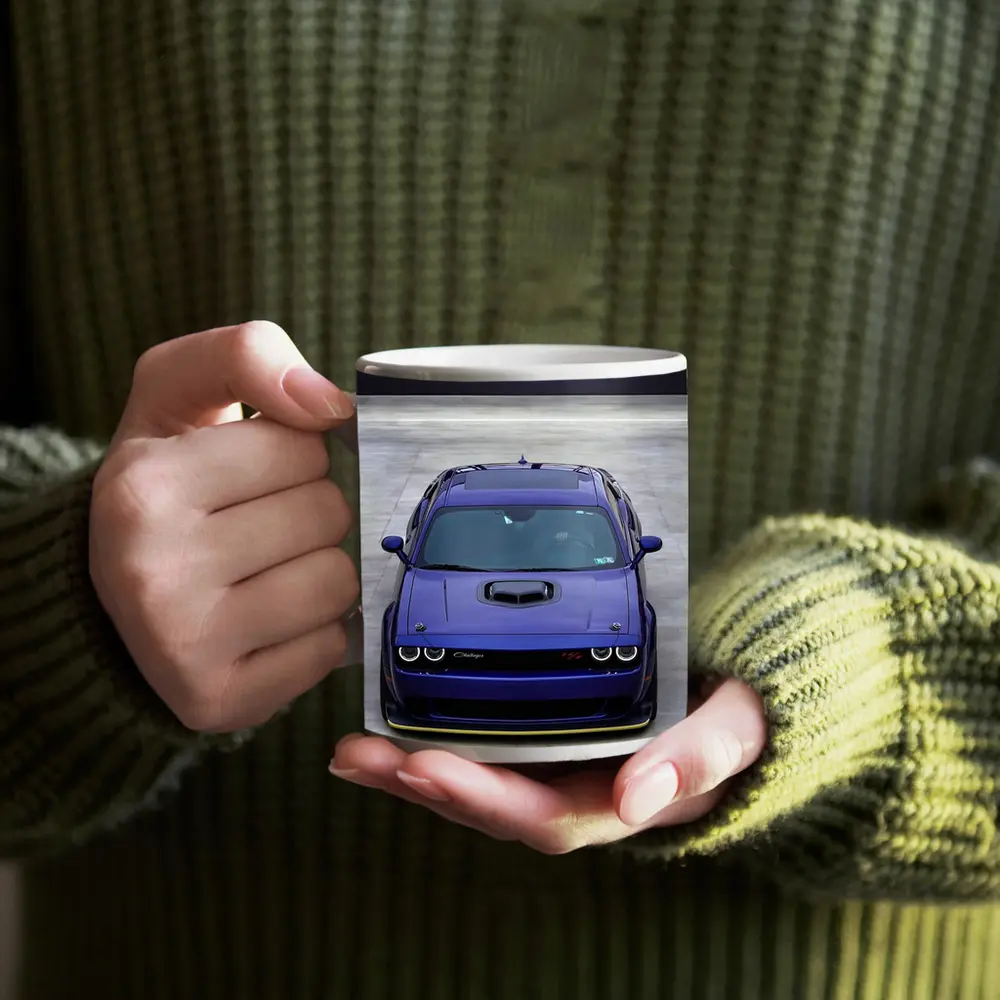 Dodge Challenger Purple Muscle Car Front View – Mugs
