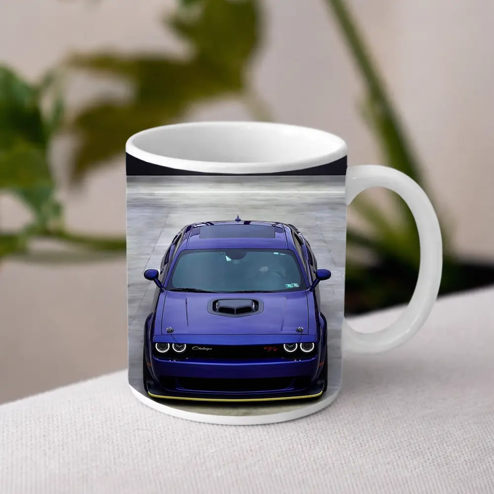 Dodge Challenger Purple Muscle Car Front View – Mugs
