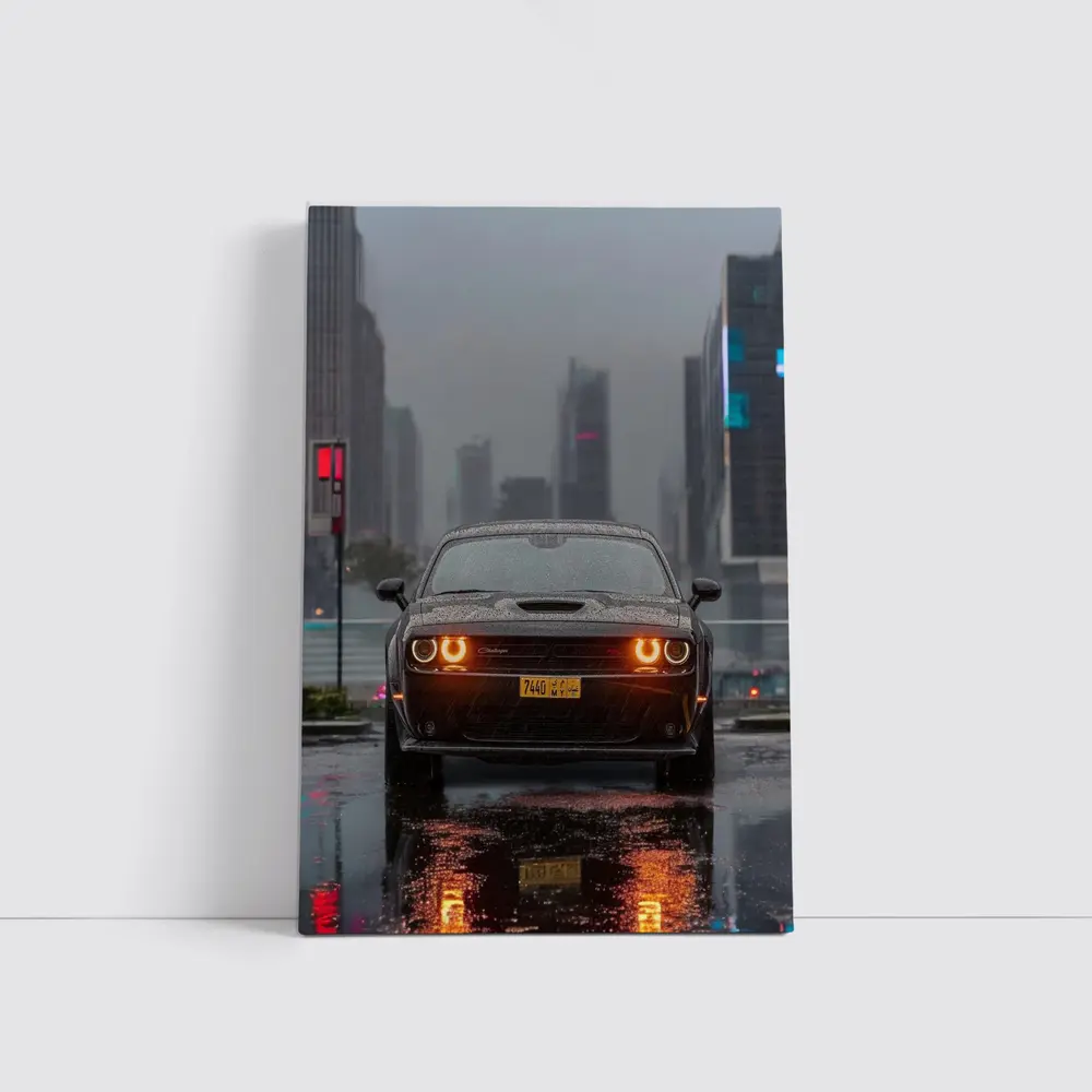 Dodge Challenger Rainy City Night Street – Wall Art