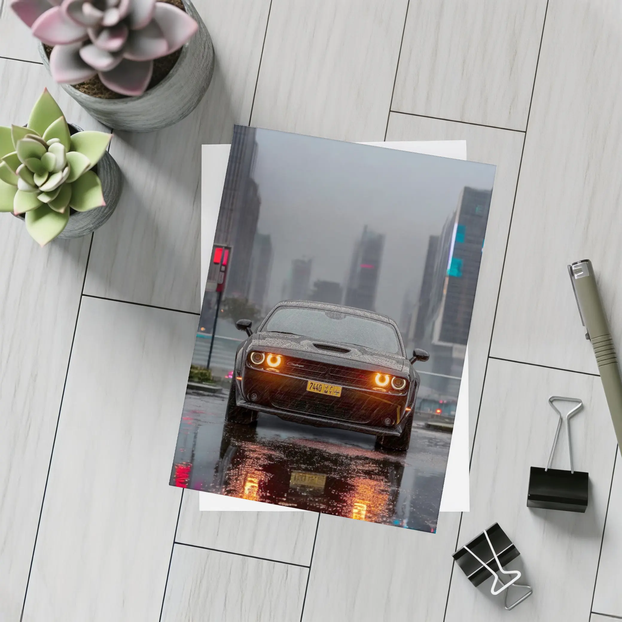 Dodge Challenger Rainy City Night Street – Postcards