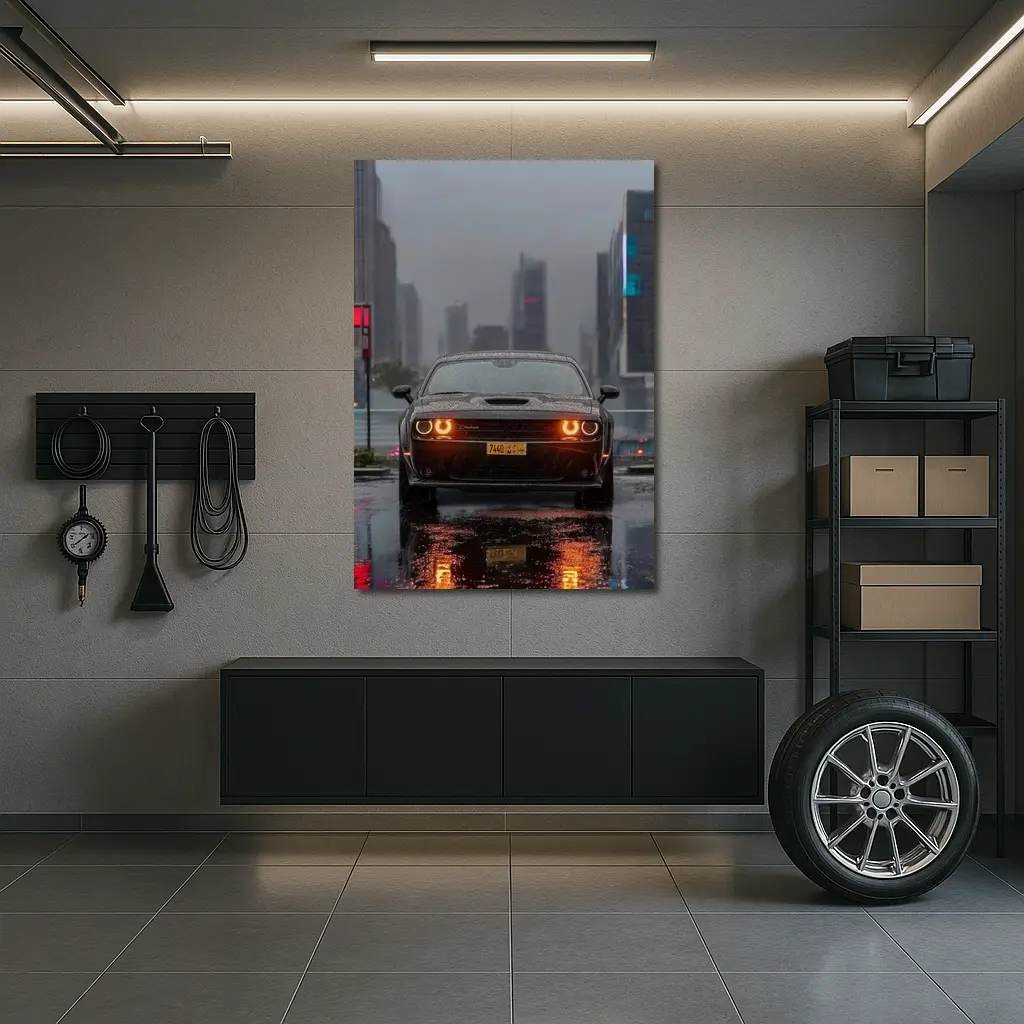 Dodge Challenger Rainy City Night Street – Wall Art