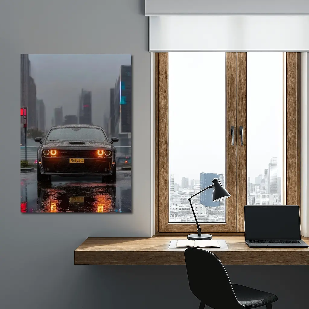 Dodge Challenger Rainy City Night Street – Wall Art