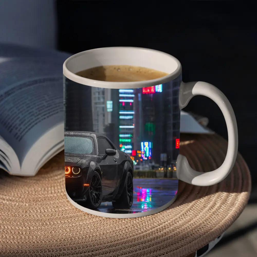 Dodge Challenger Black Rainy Neon City Street – Mugs