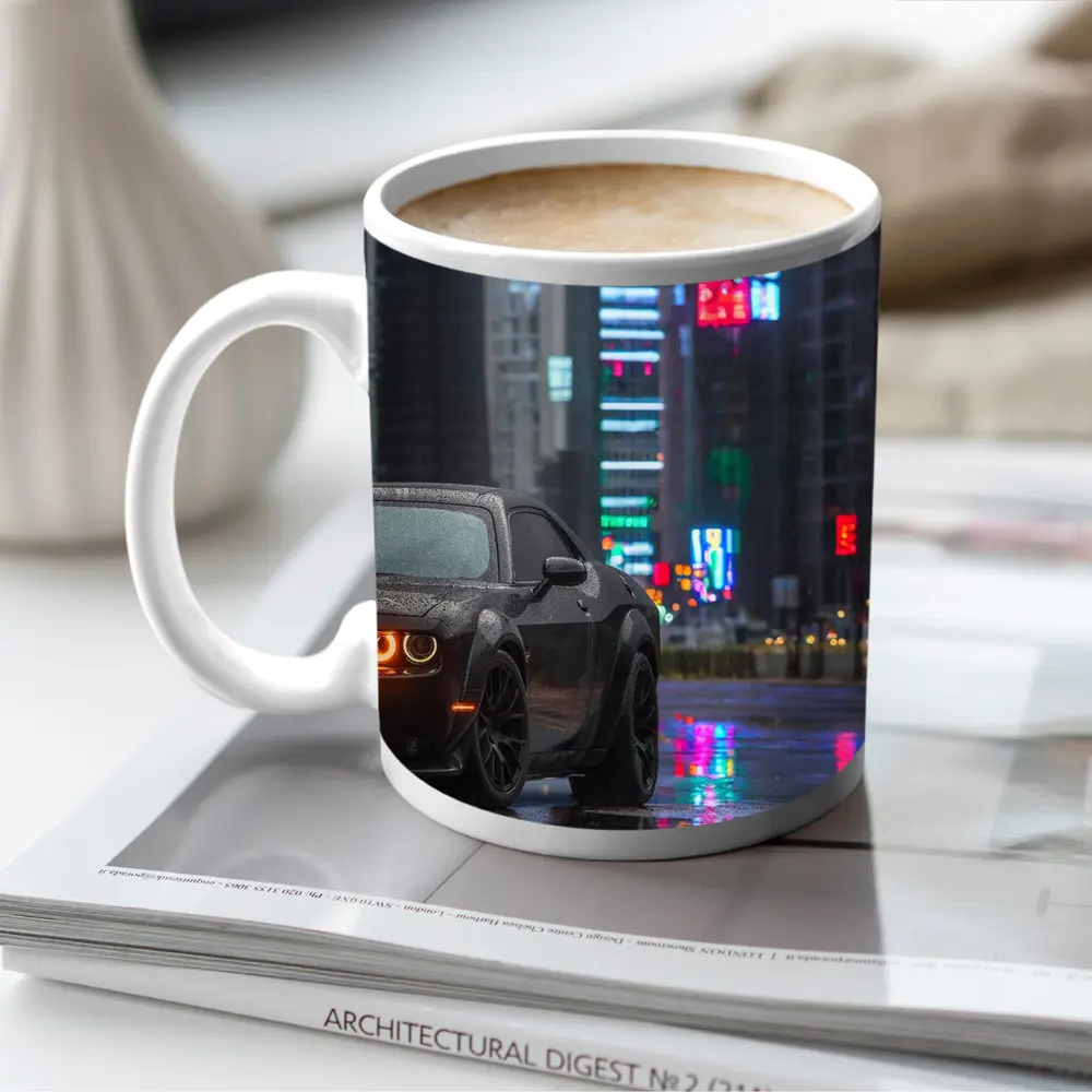 Dodge Challenger Black Rainy Neon City Street – Mugs